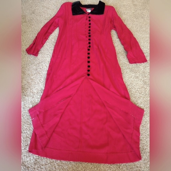 Dawn Joy Vintage Ruby Red Button Down Dress Velvet Accents - Picture 5 of 14